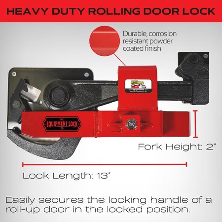 The Equipment Lock Company Heavy Duty Rolling Door Lock secures the locking handle of a roll-up door in the downward position HDRDL-KA